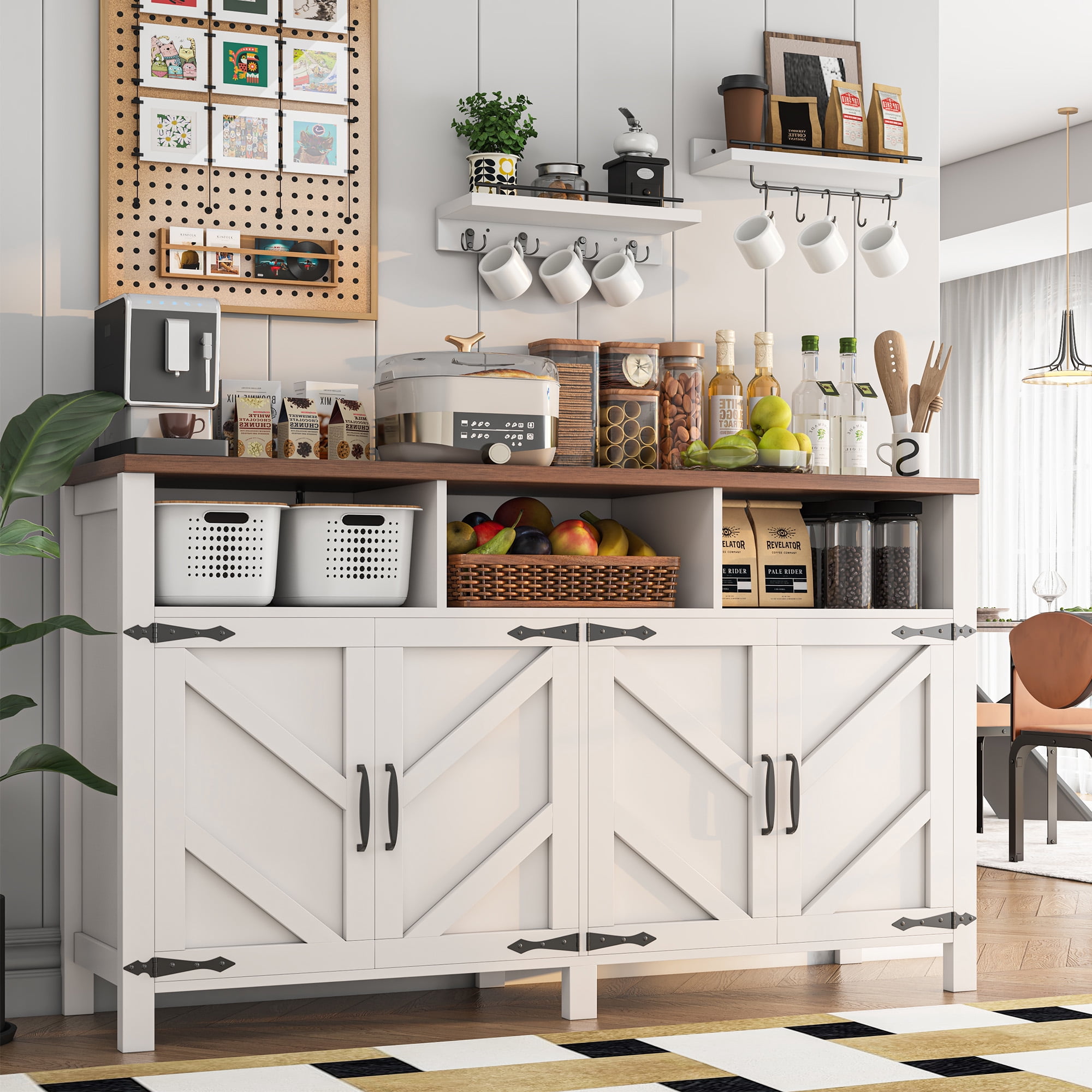 55 inches Large Farmhouse Buffet Sideboard with 4 Doors, Rustic Kitchen ...