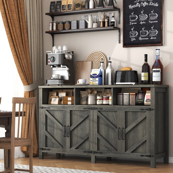 55 inches Large Farmhouse Buffet Sideboard with 4 Doors, Rustic Kitchen Storage Cabinet with Adjustable Shelves, Wooden Coffee Bar Cabinet for Dining Room, Entryway, TV Stand Buffet Table, Dark Grey
