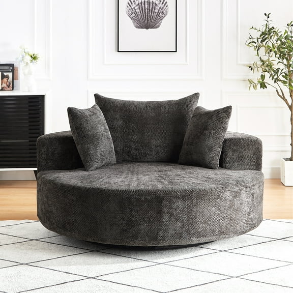 55''l Chenille Foam Single Chair, Fluffy Modern Sleeper With 360 Degree Swivel For Bedroom, Lounge, Projection Room, Soft Fabric, Black Spin, Cushion,