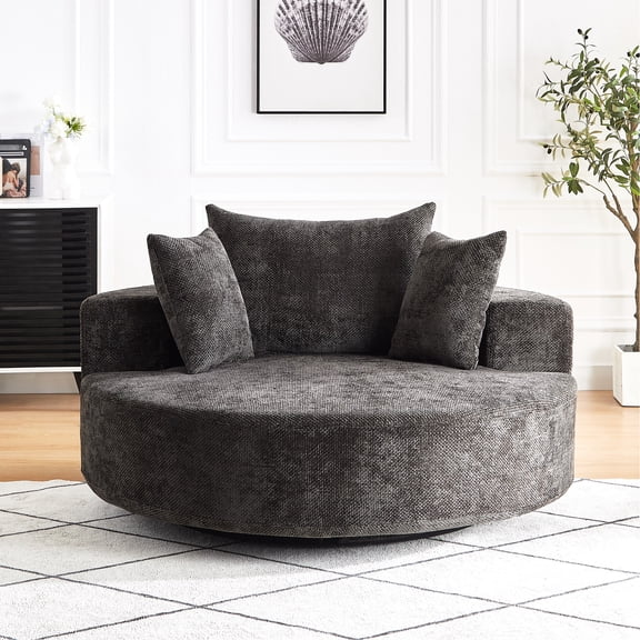 55''l Chenille Foam Sleeper Chair With Swivel, Fluffy Modern For Bedroom, Lounge, Projection Room, 360 Degree, Extra Cylindrical Pillow, Black Rotating Chair, Cushion,