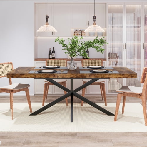 55 to 71 Inch Retro Rectangular Extendable Dining Table, Grey Stretch Table with Storage Box for Dining Room, Kitchen, Living Room, Brown