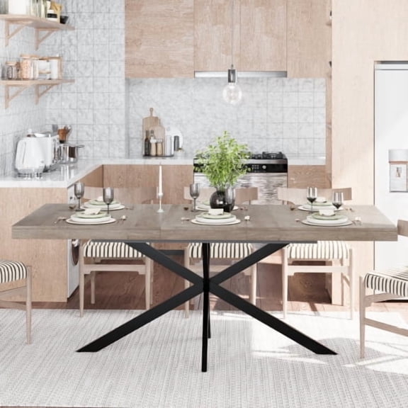 55 to 71 Inch Retro Rectangular Extendable Dining Table, Grey Stretch Table with Storage Box for Dining Room, Kitchen, Living Room, Gray