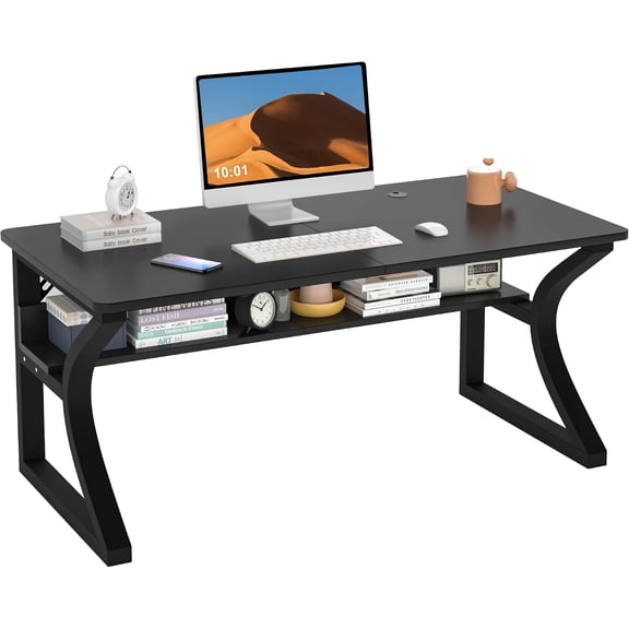 55 x 23.6 Inch U-Shaped Computer Desk with Storage Shelf and Cable Management, Black Metal Frame, Scratch-Resistant MDF Desktop