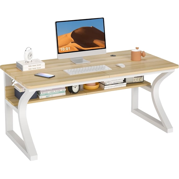 55 x 23.6 Inch U-Shaped Computer Desk with Storage Shelf and Cable Management  Light Walnut Finish