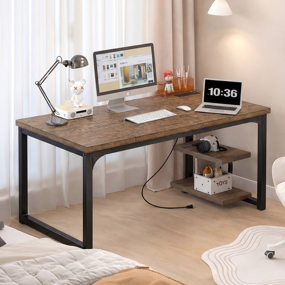 55 x 23.6 inch Desk with Power Outlets & USB-C, Deeper & Thicker Desktop, Robust Metal Tubes, Computer Desk, Heavy Duty Office Desk, Work Gaming Desk for Home Office, Rustic Brown