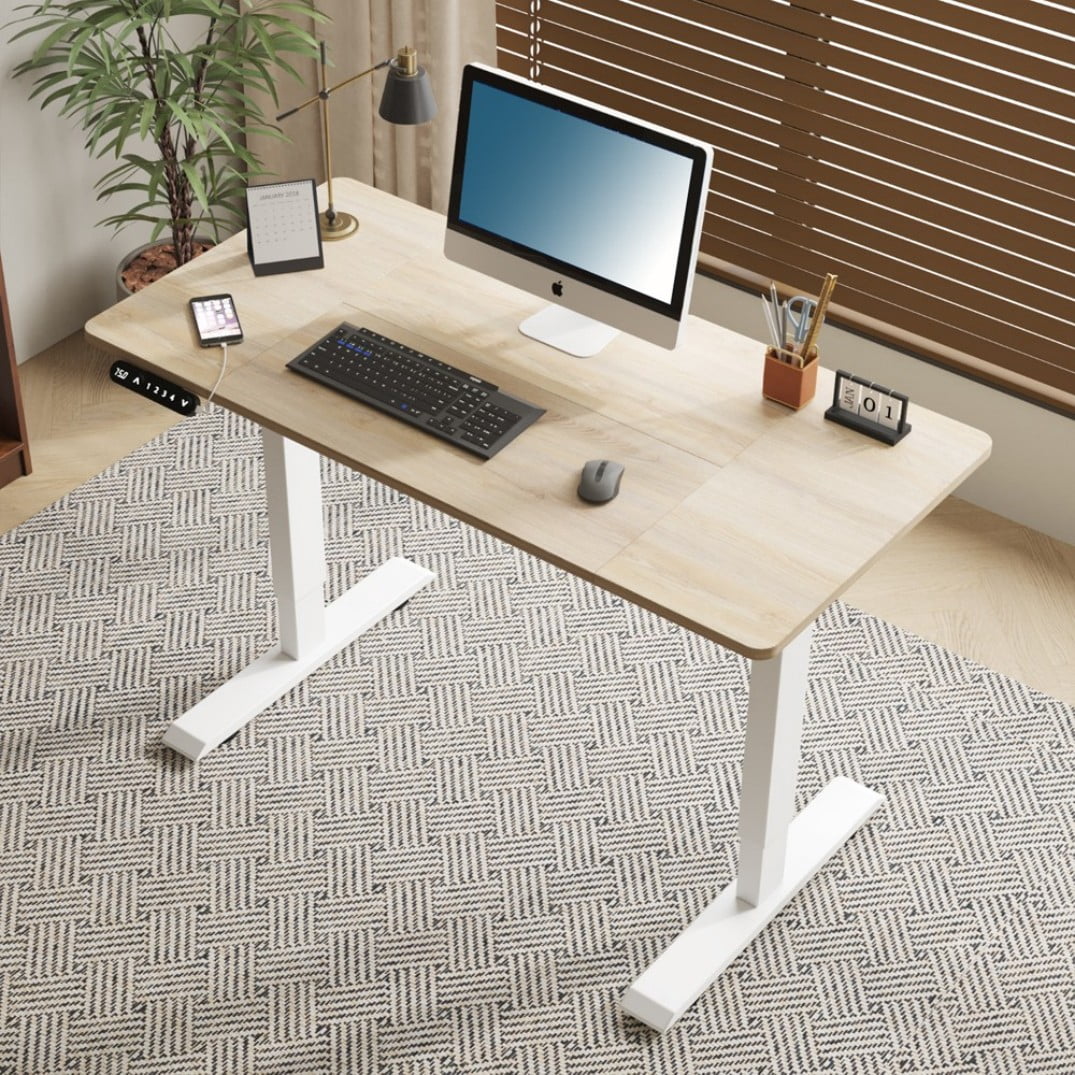55" x 24" Electric Standing Desk, Height Adjustable Desk 27.75"-45.86", Light Oak Computer Desk with Memory Presets & Type-C Charging