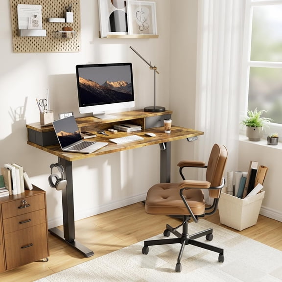 55 x 24 Inches Height Adjustable Electric Standing Desk with 2 Drawers, Stand Up Electric Desk Adjustable Height, Sit Stand Computer Gaming Table with Splice Board, Rustic Brown