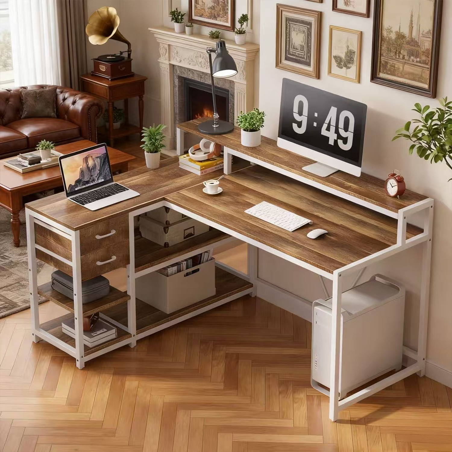 55" x 24" L Shaped Corner Desk With Drawers, Storage Shelves & Monitor Stand, Oak Home Office Gaming Study Computer Table For Small Space