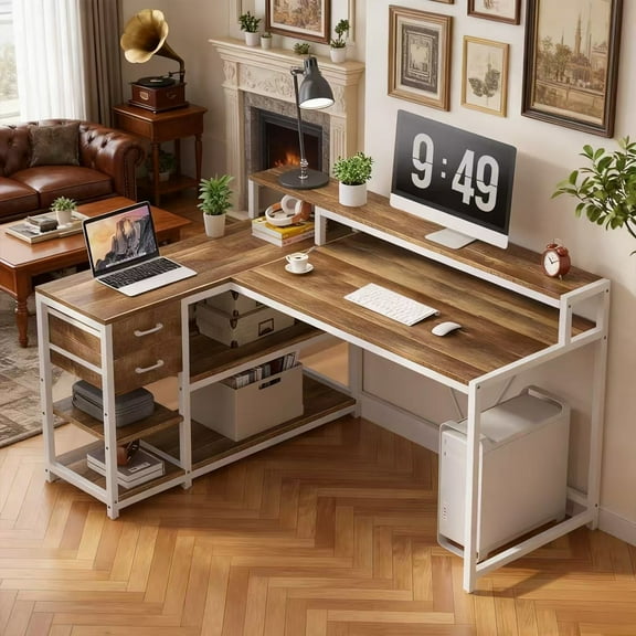 55" x 24" L Shaped Corner Desk With Drawers, Storage Shelves & Monitor Stand, Oak Home Office Gaming Study Computer Table For Small Space