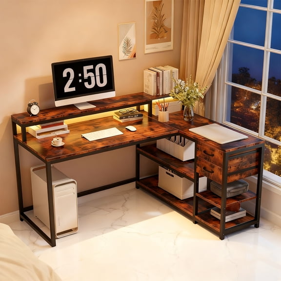 55" x 24" L Shaped Corner Desk With Drawers, Storage Shelves & Monitor Stand, Rustic Brown Home Office Gaming Study Computer Table For Small Space