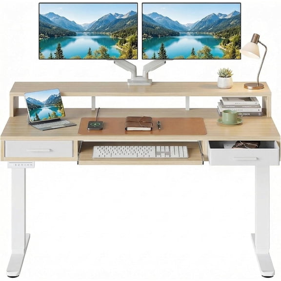 55" x 26" Electric Standing Desk with 2 Drawers & 24.4" Keyboard Tray, Adjustable Sit-Stand Desk with 4 Height Presets, Light Walnut Finish