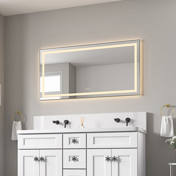 55" x 28" LED Bathroom Mirror with Front and Backlight, Wall Mounted Vanity Mirror with Aluminum Frame, Anti-Fog, Memory, 3 Colors, Stepless Dimmable