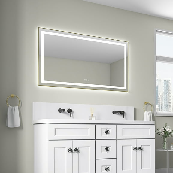 55 x 30 Inch LED Bathroom Mirror with Front and Backlight, Wall Mounted Vanity Mirror with Aluminum Frame, Anti-Fog,