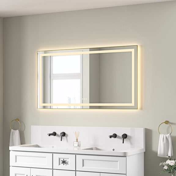 55" x 30" LED Bathroom Mirror with Front and Backlight, Wall Mounted Vanity Mirror with Aluminum Frame, Anti-Fog, Memory, 3 Colors, Stepless Dimmable