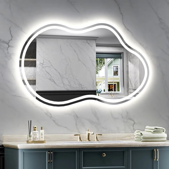 Frameless 40"x 24" Irregular LED Anti-Fog Tempered Glass Bathroom Vanity Mirror Asymmetrical Front and Backlit Wall Mirror