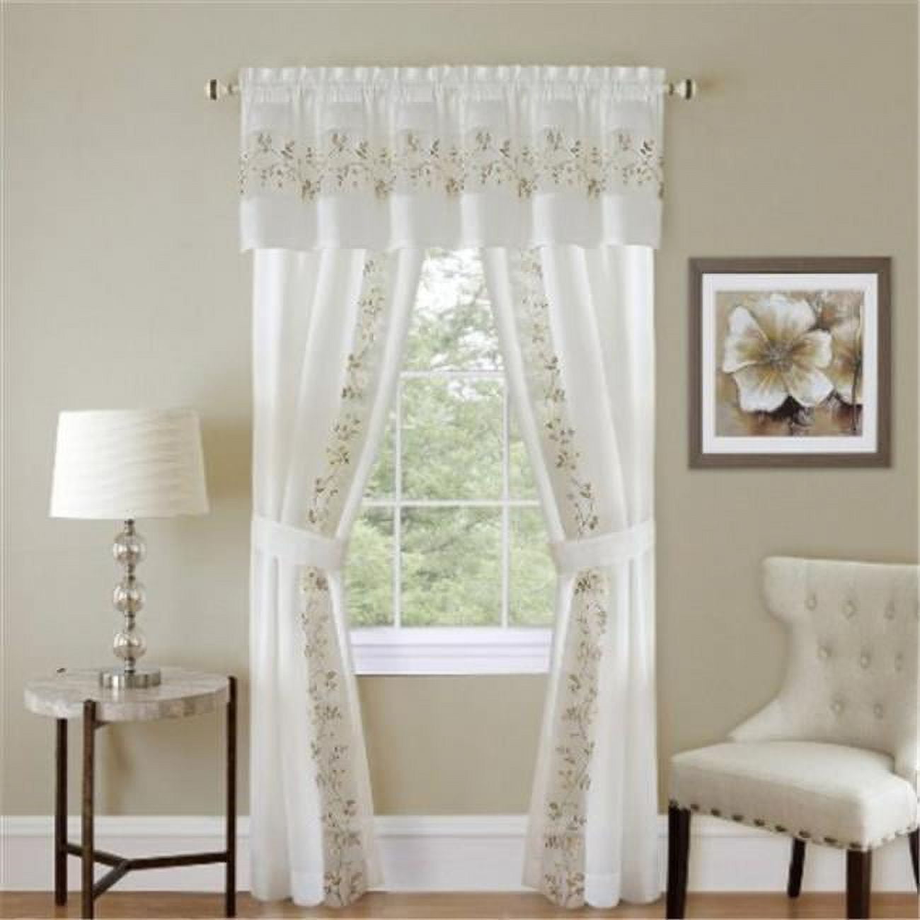 White Faux Silk Embroidered 5-Piece Window Curtain Set