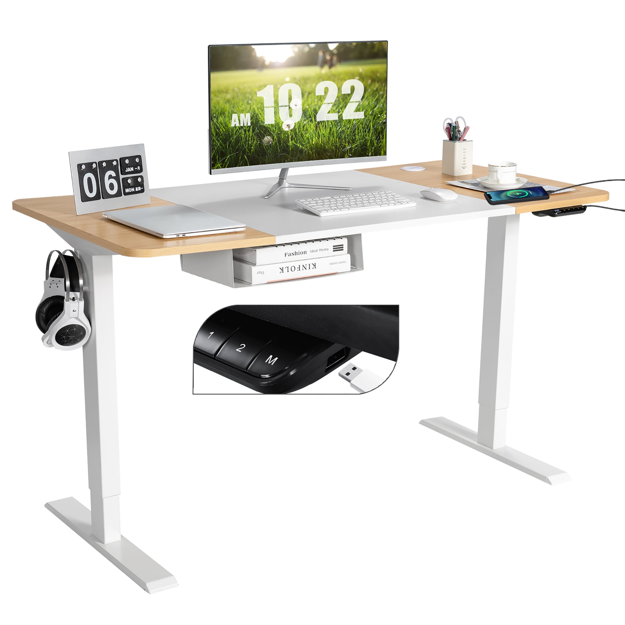 MXTARK 55'' x 24'' Stand Up Desk,Electric Height Adjustable Standing Desk, Adjustable Ergonomic Desk,Splice Board Home Office Computer Standing  Table,White Frame + White+Maple Top 