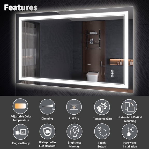 55"x30" LED 3 Color Temperature, Stepless Dimming, Anti-Fog, Touch Control, Wall-Mounted Vanity Mirror, Vertical or Horizontal 2026 NEW