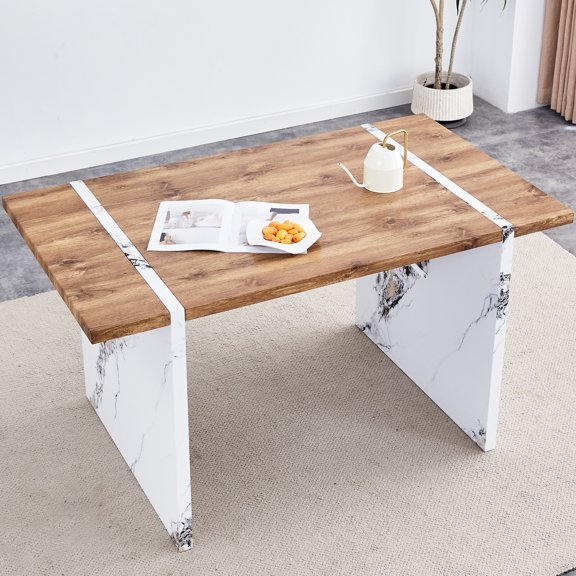 55"x31.5" Natural Wood Grain Dining Table. Elegant Style. White Marble Legs. Metal Frame For Stability. Slip. Easy To Clean Table, 55"x31.5", Surface. Modern Look. Stable Structure.
