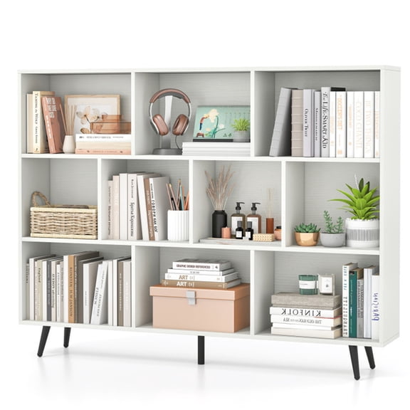 55"x9.5"x42" 10-Cube Bookcase w/ 5 Metal Legs, Anti-Tip, Display Cabinet for Home/Office, White