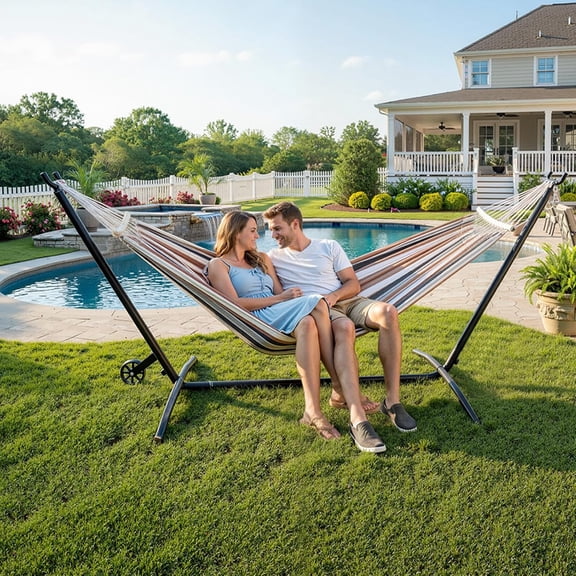 550 LB Capacity Double Hammock with Stand – Portable Bag Included (Desert Strip w/Wheel)