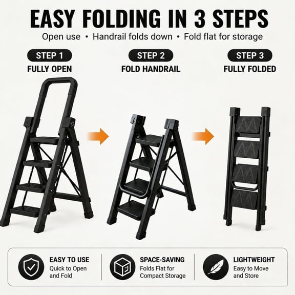 550 LBS Heavy Duty Folding Step Ladder with 180 Foldable Handrail, Widened Thick Anti-Slip Pedals, Upgraded Safety Lock, Space Saving Portable Step Stool for Home, Kitchen, Garage