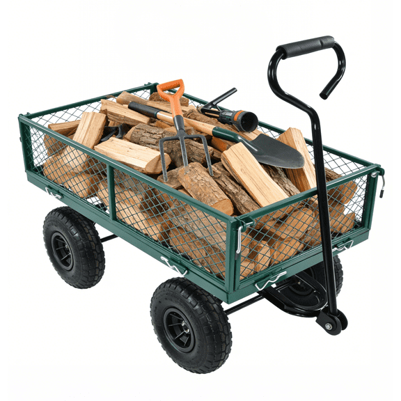 550 Lbs Steel Garden Cart, Heavy Duty Garden Wagon Cart ,Outdoor Metal Yard Utility Wagon Carts with 10" All Terrain Tires, Mesh Removable Sides and 180°Rotating Handle Foldable design-Green
