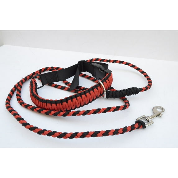 550 Paracord Dog Collar & Leash Set 15" - 25" Collar 6 foot Leash (Red / Black)