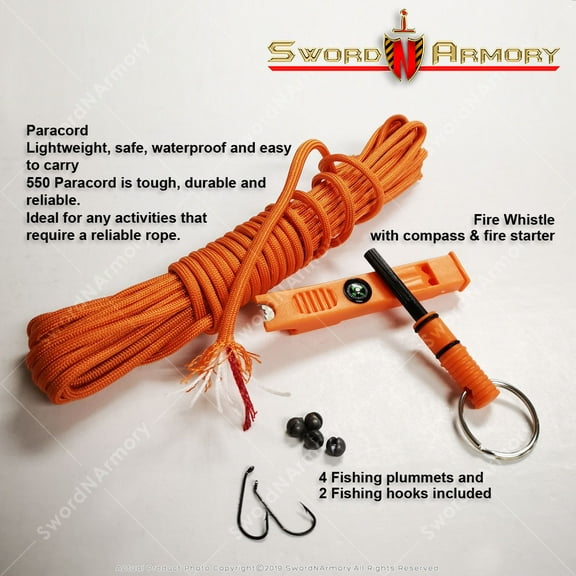 550 Paracord Rope Orange Firecord Fishing Hooks Plummets Survival Tool Camping Hunting Hiking