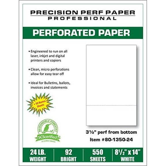 550 Sheets, Legal Size (8.5" x 14"), 24# White Bond with 3-1/2" Perforation, 92 Bright$$Office