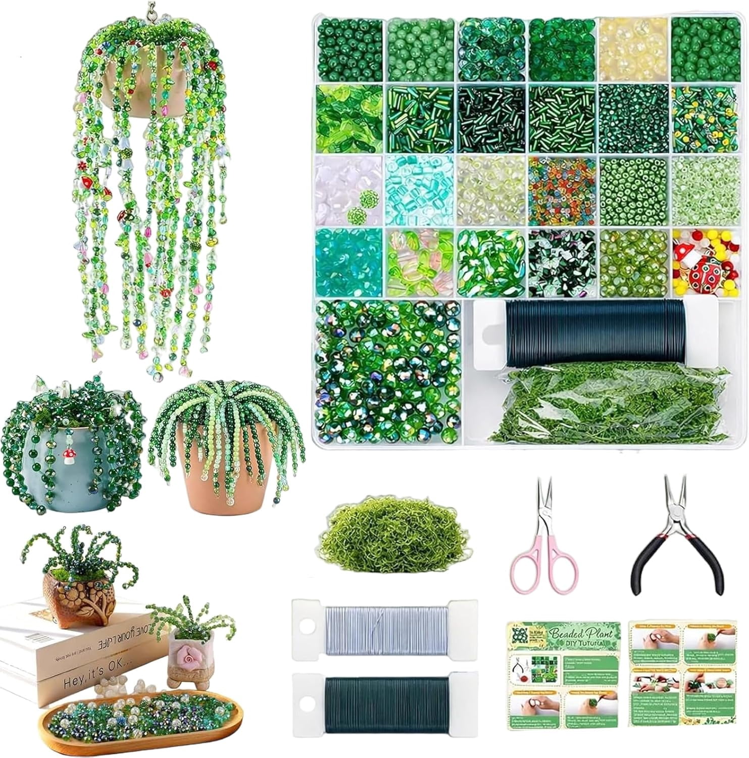 5500 Pcs DIY Beaded Plant Kit, Forever Plant Beaded Leaf Flower Beads Plant Making Equipped with a Flower Pot,Green Glass Crystal Waterdrop for Jewelry Making DIY Craft (1 Set)