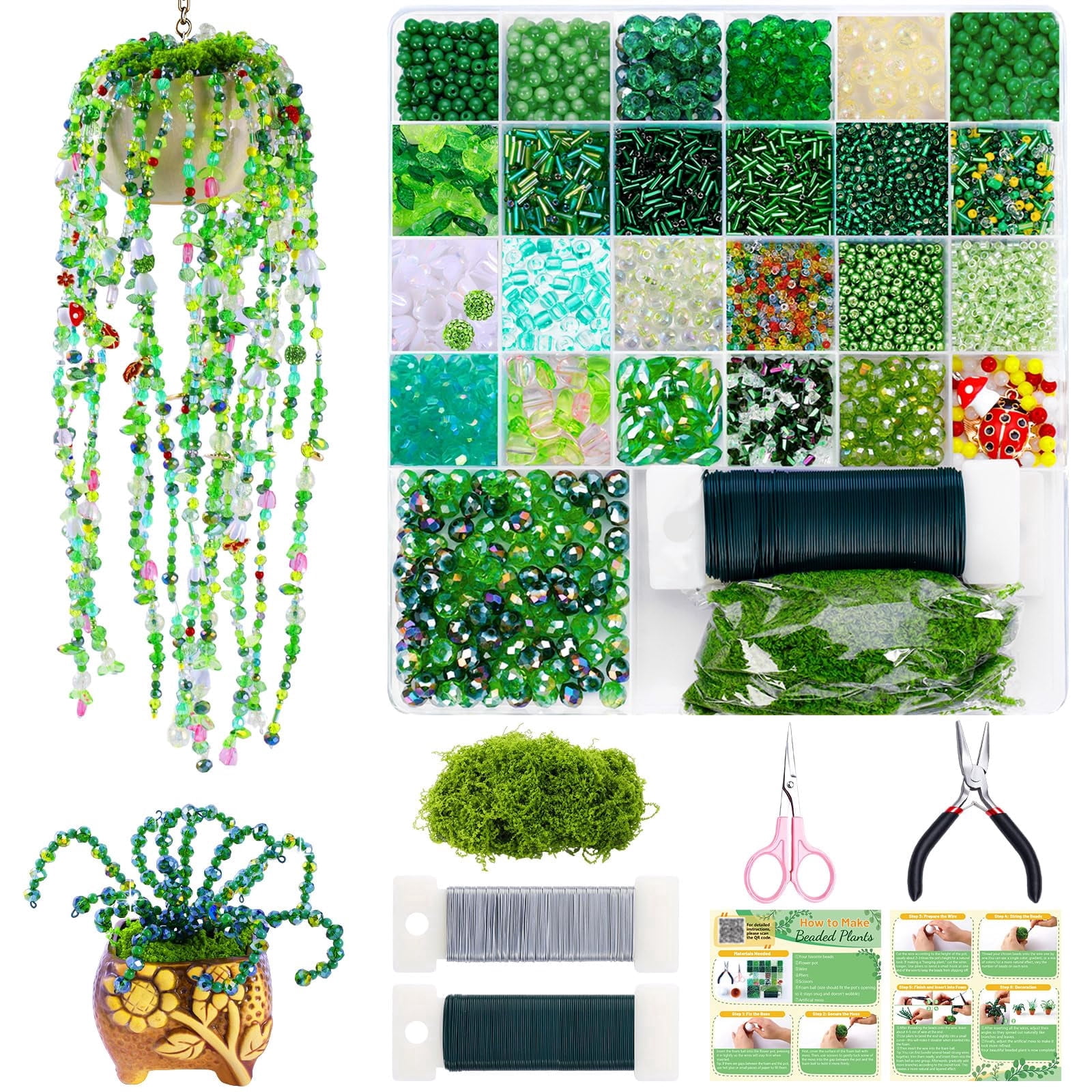 5500 Pcs DIY Beaded Plant Kit, Forever Plant Beaded Leaf Flower Beads Plant Making Equipped ,Green Glass Crystal Waterdrop