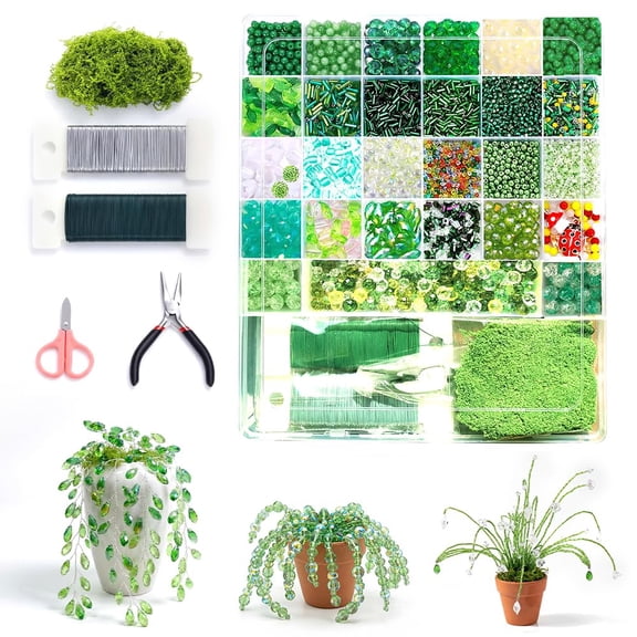 5500 Pcs DIY Beaded Plant Kit, Green Glass Beaded Plant Kit with Rattan Basket, Forever Plant Beaded Making Kit for Jewelry Making DIY Craft, Leaf Beads for Jewelry Making (24+2)