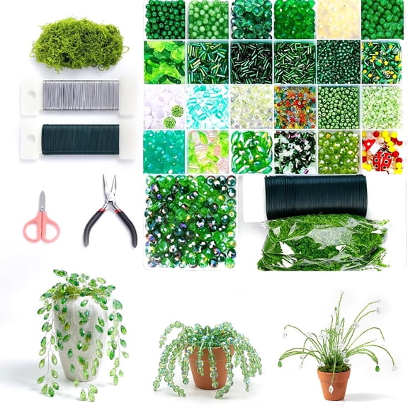 5500 Pcs DIY Beaded Plant Kit, Green Glass Beaded Plant Kit with Rattan Basket, Forever Plant Beaded Making Kit for Jewelry Making DIY Craft, Leaf Beads for Jewelry Making (24+2)