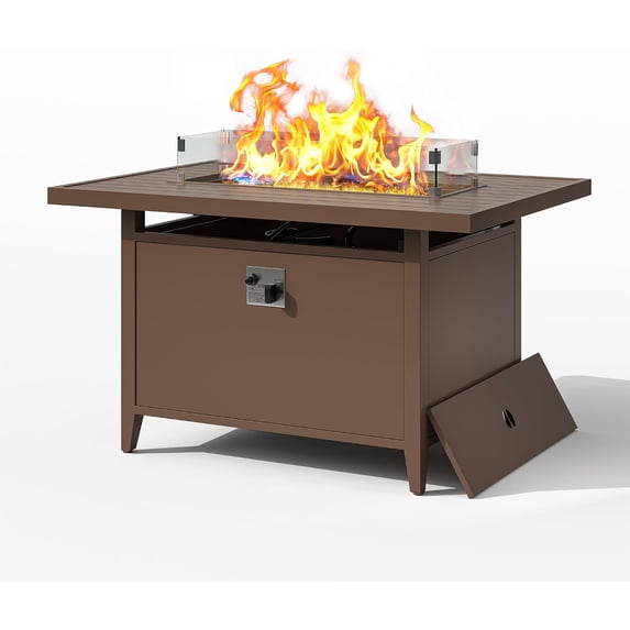 JXXM 43 in Rectangular Aluminum Propane Fire Pit Table, 55000 BTU, Brown, with Wind Guard, Lid & Waterproof Cover, Fits 20 lb Tank
