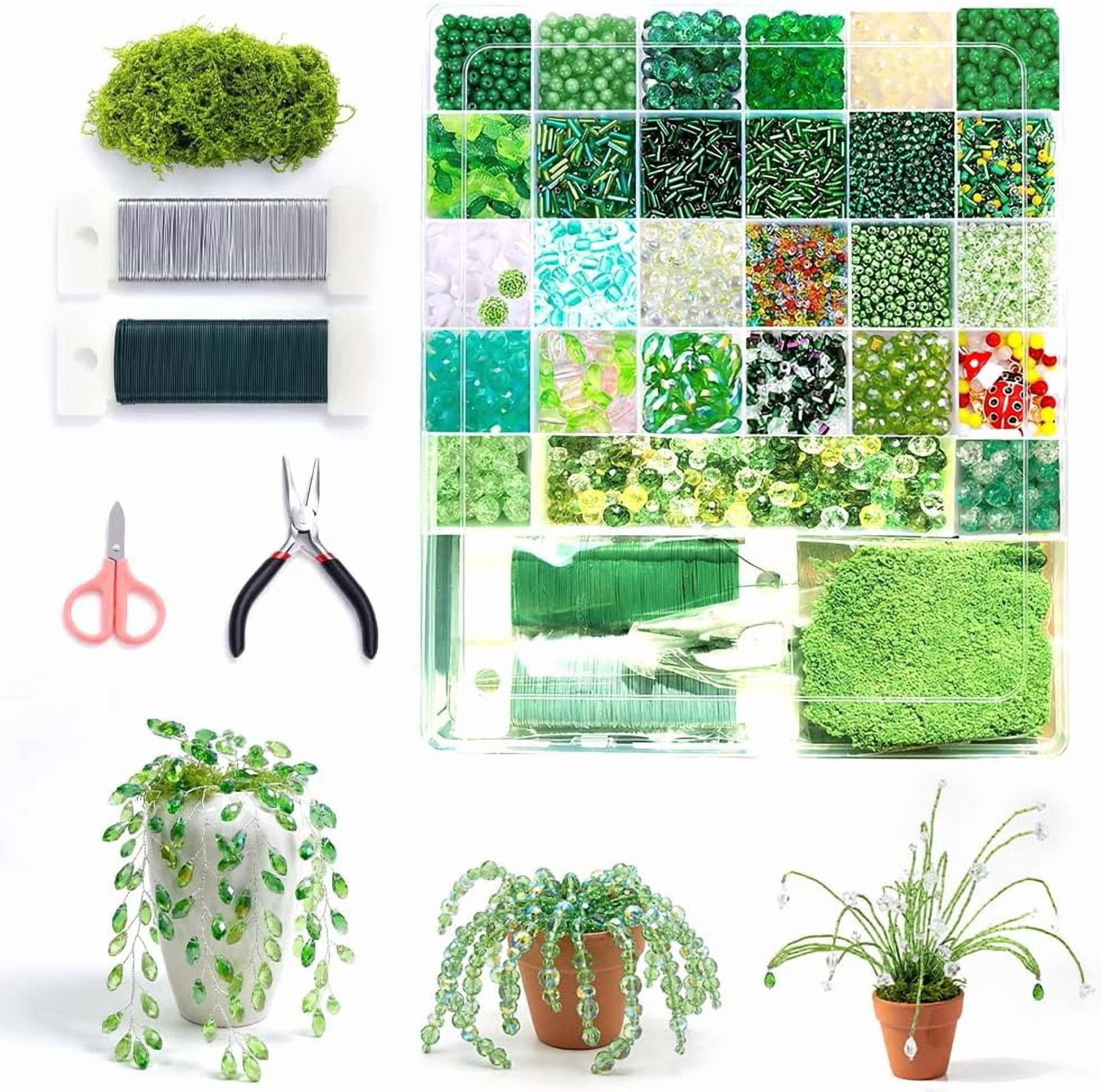 5500PCS DIY Beaded Plant Kit, Green Glass Beaded Plant Kit with Rattan Basket, Forever Plant Beaded Making Kit, Leaf Beads for Jewelry Making