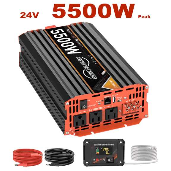 5500W Pure Sine Wave Inverter 24V DC to 110V AC | 3 Outlets 2 USB + LCD Display & Remote Control for RV, Camping, Home Emergency Backup