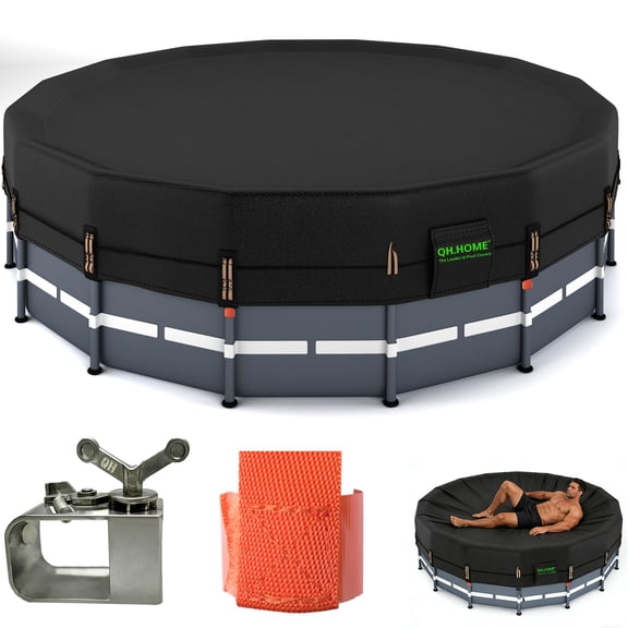 550D 14 ft Pool Cover Round[Upgraded Tear Resistant & Quadruple Windproof] wth Pre-Installed Patented Winch and Rope, Pool Covers for Above Ground Pools-Snug Fit & Waterproof Protection