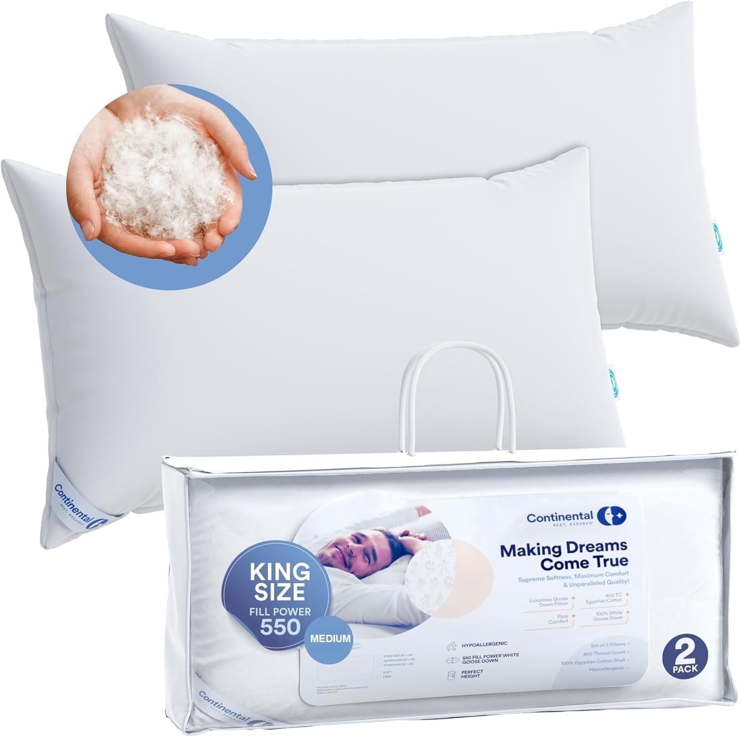 Continental Bedding Goose Down Pillow - Medium - King Size - 2 Pack