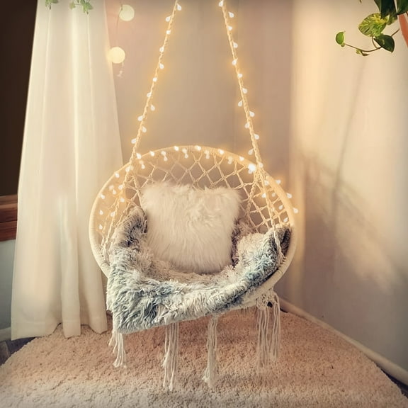 550LB Capacity Hanging Hammock Chair Swing with Lights - Macrame Cotton Rope Chair for Bedroom, Patio, Garden (Hardware Included, No Stand/Cushion)