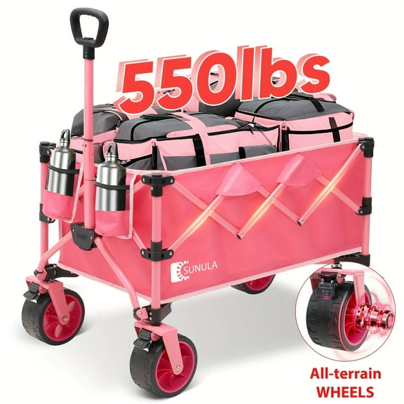550LBS Beach Wagon Cart Heavy Duty Collapsible Foldable 300LWeight Capacity Folding Utility Garden Wagon Cart With All-Terrain Wheels, Drink Holder For Shopping Camping Grocery Sport Outdoor