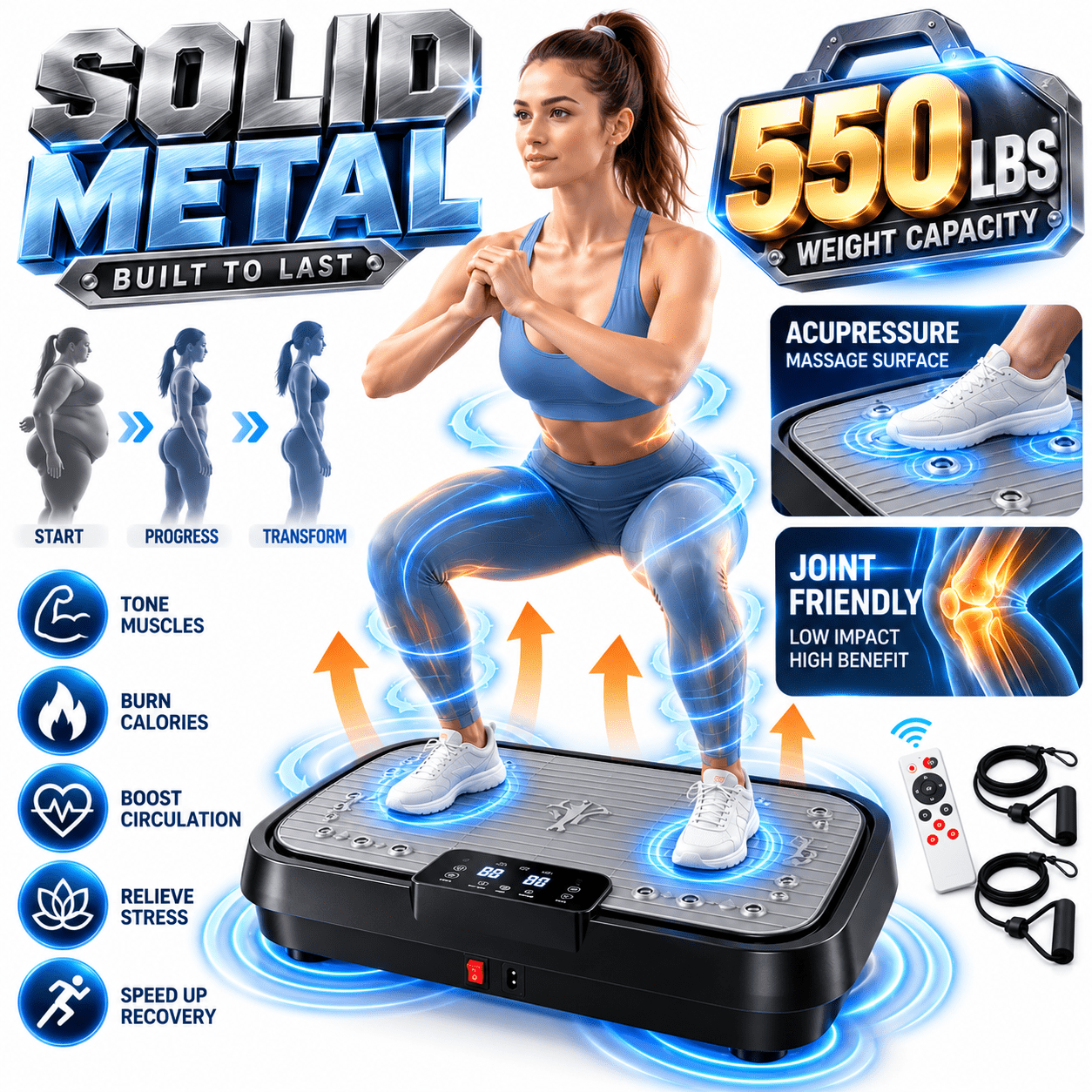 550LBS Capacity Vibration Plate Exercise Machine, Whole Body Vibration Platform with 200W Brushless Motor & 99 Adjustable Speed, 2 Resistance Bands, Massage Nodes, Muscle Activation & Body Sculpting