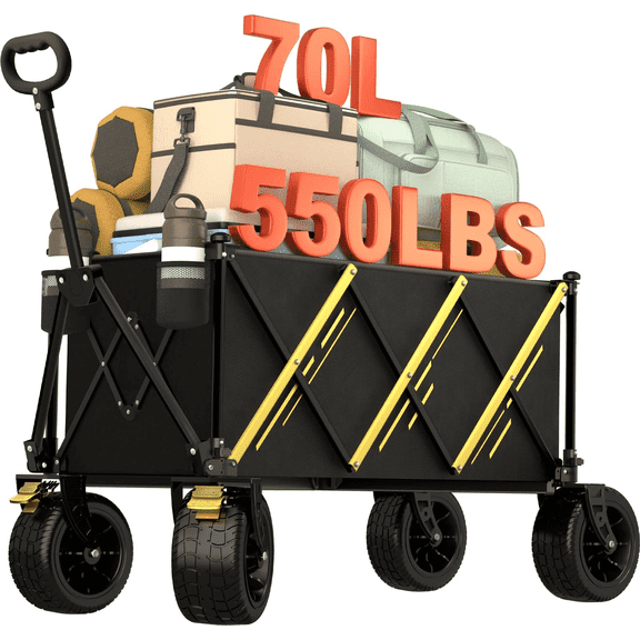 550LBS Collapsible Wagon Cart, Large Heavy Duty Capacity Utility Wagon with All-Terrain Wheels for Outdoor Camping, Shopping, Sports, Grocery, Pets, Outing, Black
