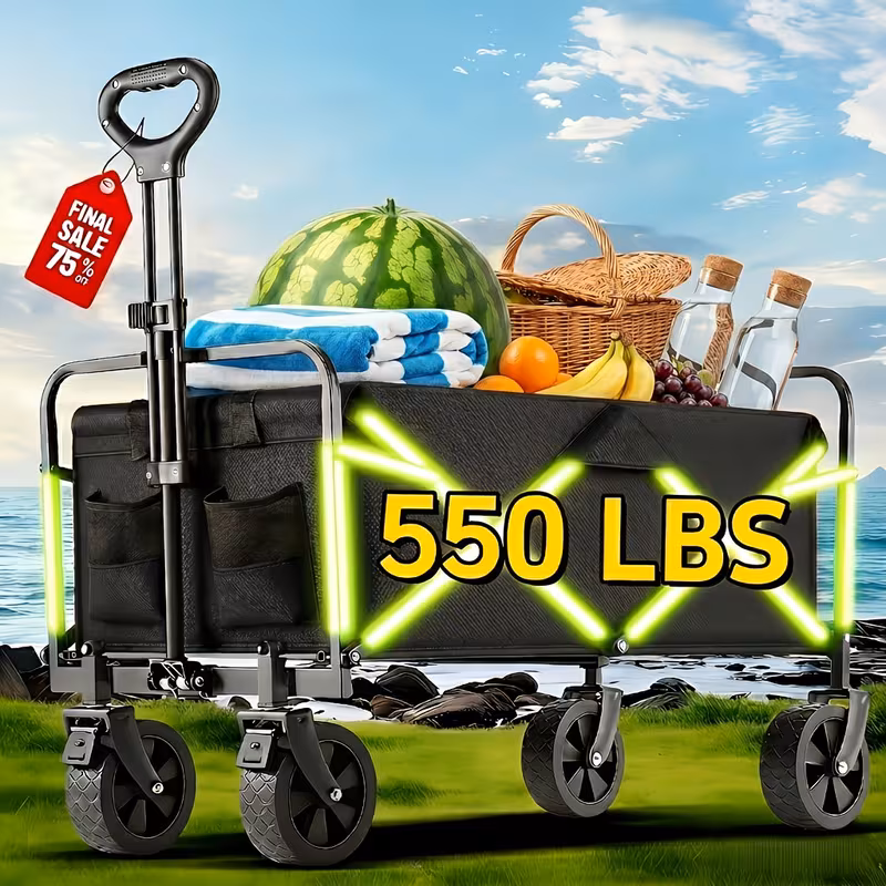 550-600LBS All Terrain Heavy Duty Folding Wagon Cart, Large Capacity Camper Suitable for Yard Shopping/ Sports/ Outdoor/ Gardening Equipment Handling, Black Multifunctional Utility Cart