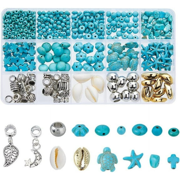 550Pcs 15 Styles Turquoise Summer Beach Beads DIY Ocean Synthetic Turquoise Bead Blue Turquoise Beads Natural Shell Beads with Alloy European Dangle Charms for Jewelry Making DIY