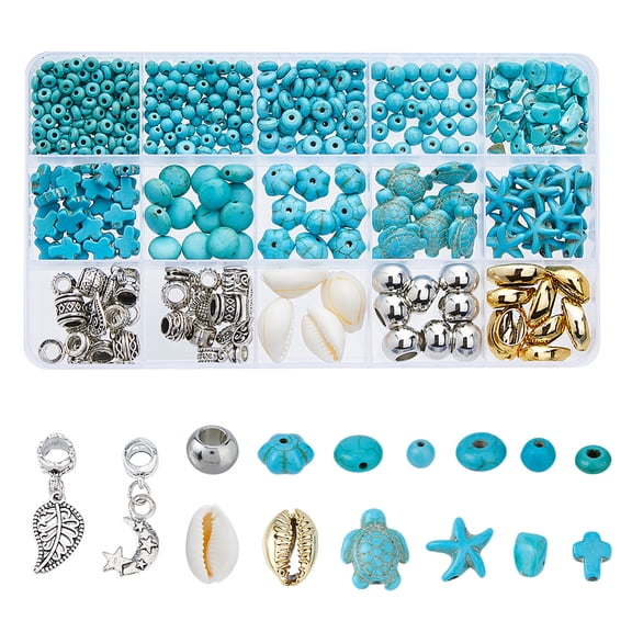 550Pcs 15 Styles Turquoise Summer Beach Beads DIY Ocean Turquoise Bead Blue Turquoise Beads Natural Shell Beads with Alloy