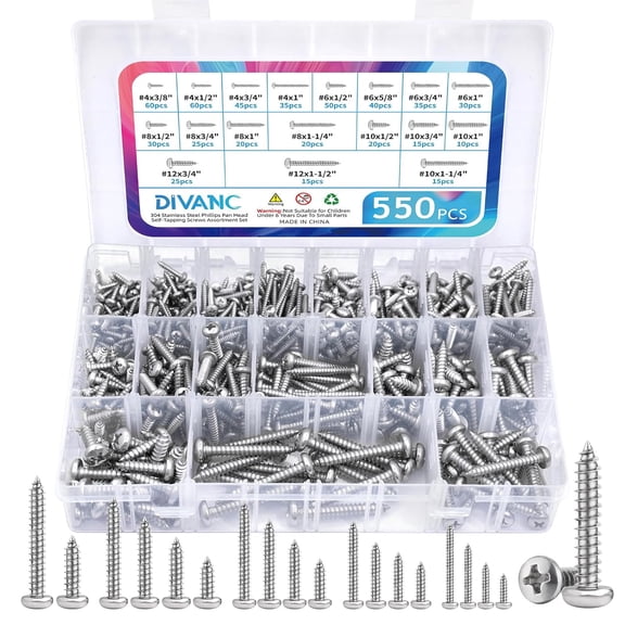 550Pcs 304 Stainless Steel Wood Screws Assortment Kit, Phillips Pan Head Sheet Metal Screw Self Tapping Screws Set, #4#6#8#10#12 Wood Assorted Screws, Length 1/4" to 1-1/2" (Pan Head 550PCS)