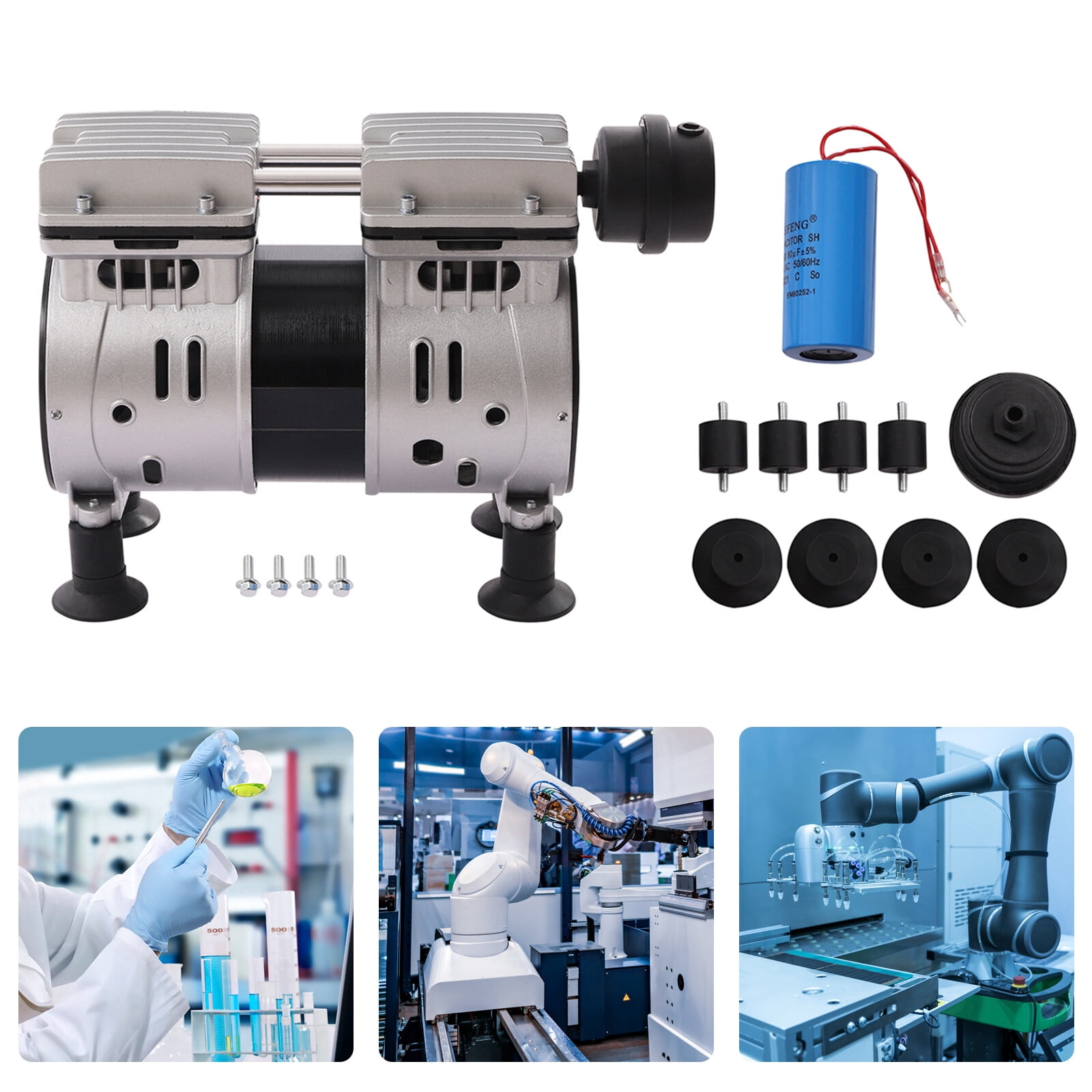 550W 110V Silver Vacuum Pump Oil-Free Industrial Laboratory Vacuum Pump Vacuum Oil-Free Pump with Suction Cup Foot Pads