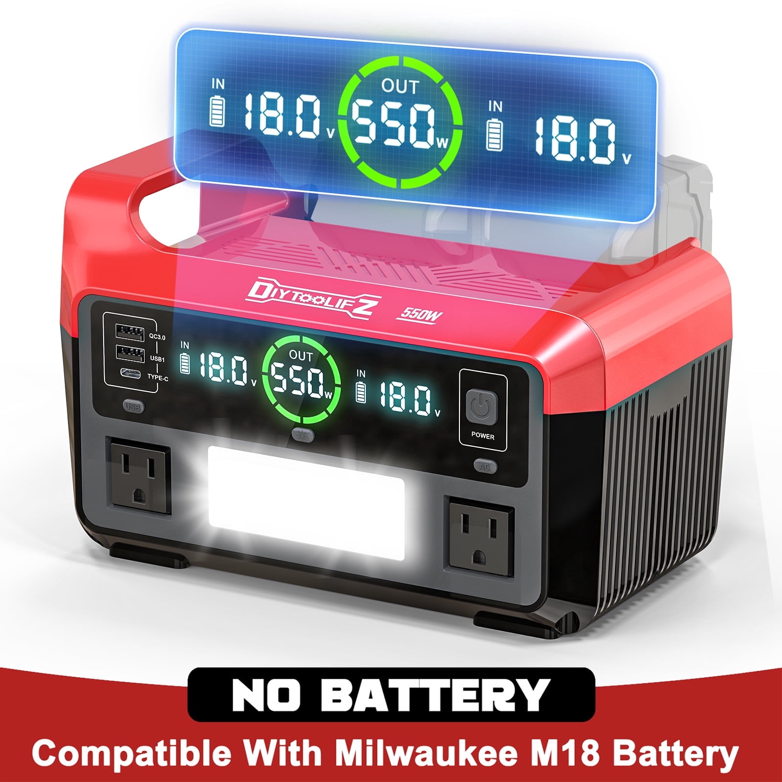 550W Power Station Compatible with Milwaukee: Portable Generator DC 18V to  AC 110V, Pure Sine Wave Power Inverter Battery Adapter with 2 USB-A & 1  Type-C Ports & 2 AC Outlet (Tool