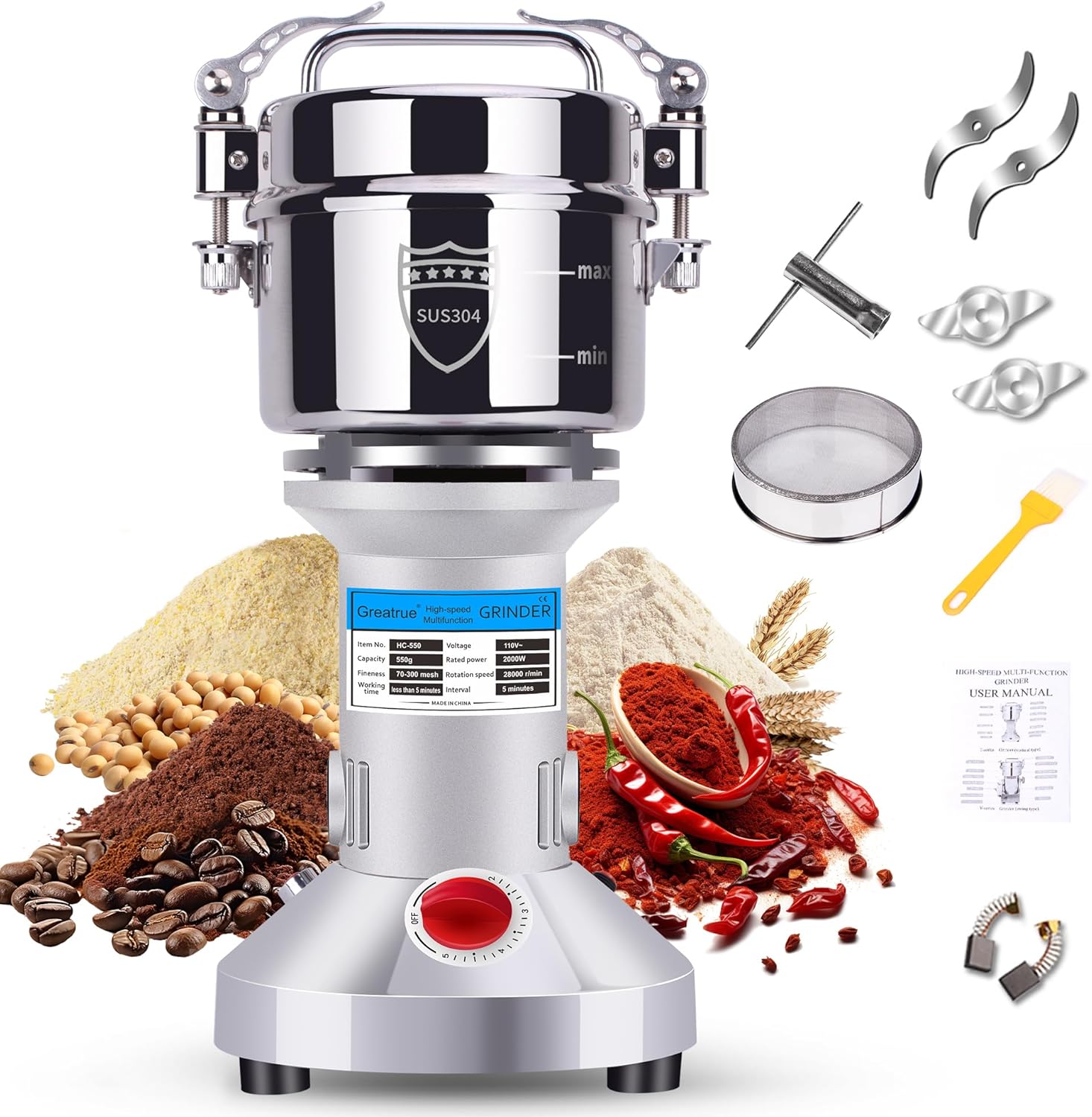 550g Electric Grain Mill Grinder, 304 Stainless Steel Flour Mill, 2000W High Speed Spice Grinder, Electric Grain Mill for Dry Wheat, Oats, Corn, Pepper and Coffee Beans